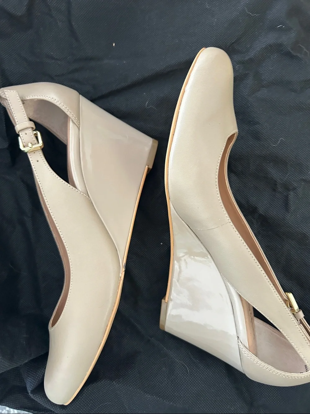 Kelly & Katie Beige Patent and Matte Slingback Wedge Pumps